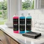 Milury Reinigungstrio aus Sanitärreiniger, Allwzeckreiniger und Glasreiniger mit einem schwarzen Tuch