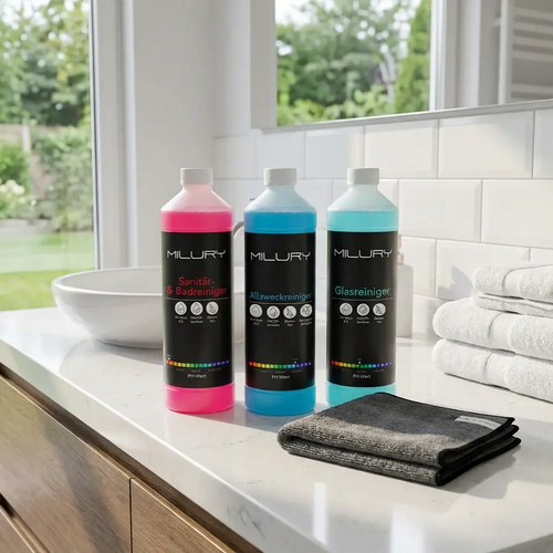 Milury Reinigungstrio aus Sanitärreiniger, Allwzeckreiniger und Glasreiniger mit einem schwarzen Tuch