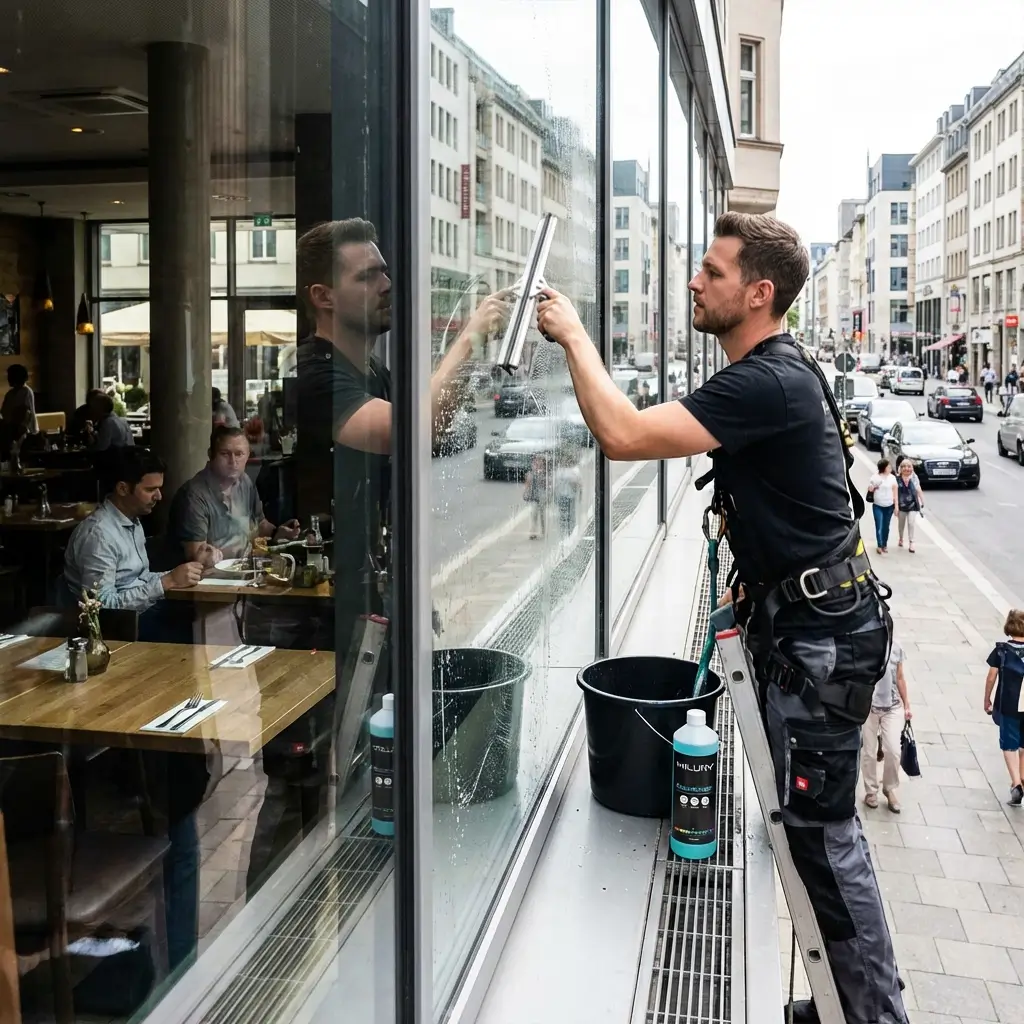Profi-Glasreiniger mit MILURY Glasreiniger auf einer Leiter und wischt ein Fenster ab.