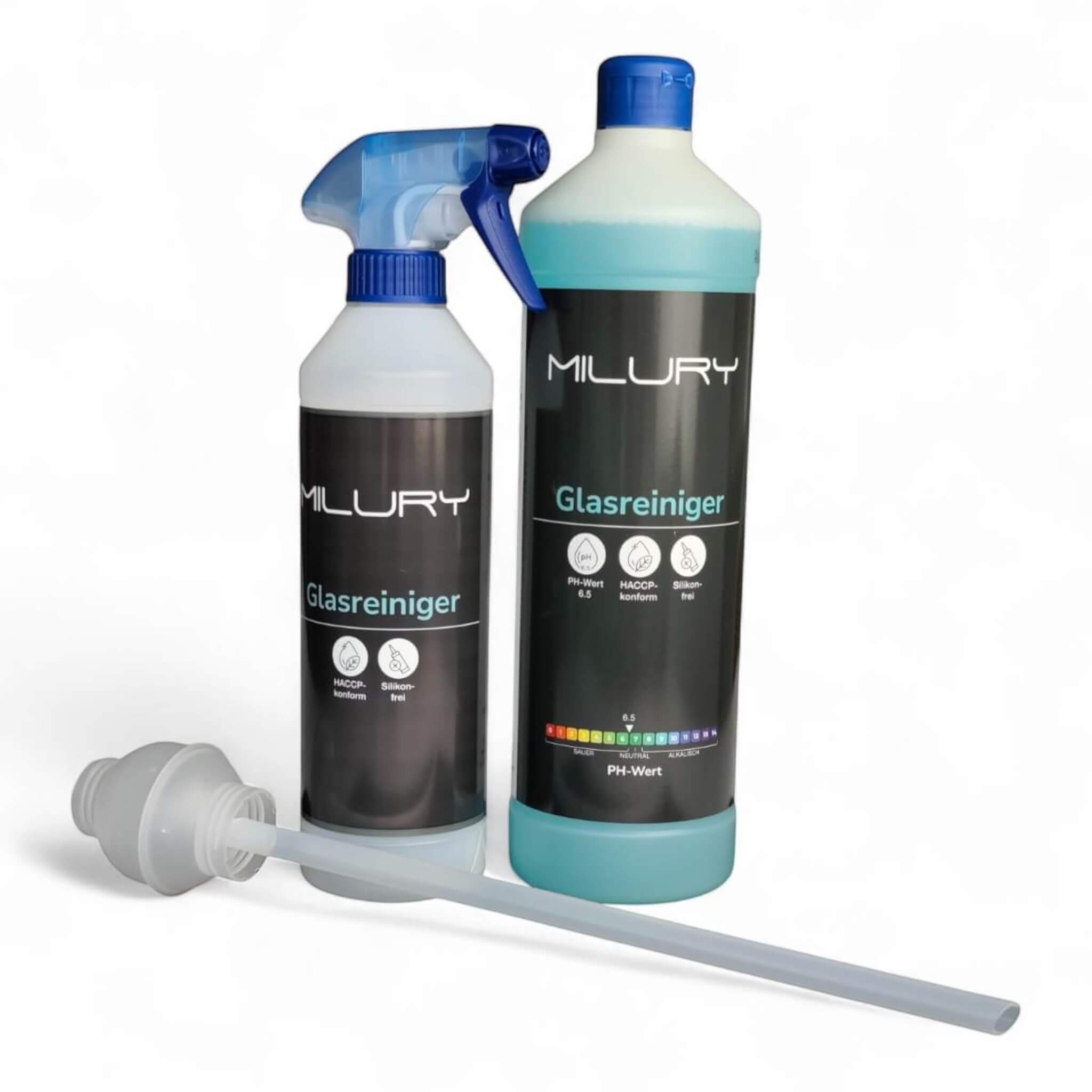 MILURY Glasreiniger mit Sprühflasche und praktischer 20 ml Dosierkugel