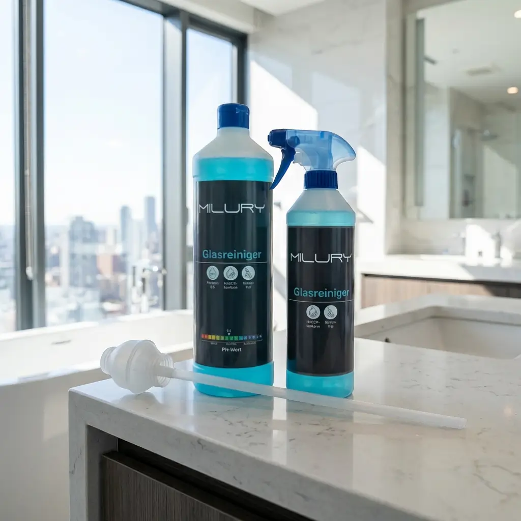 Milury Glasreiniger Set mit Sprühflasche und Dosierkugel auf einer Küchentrese