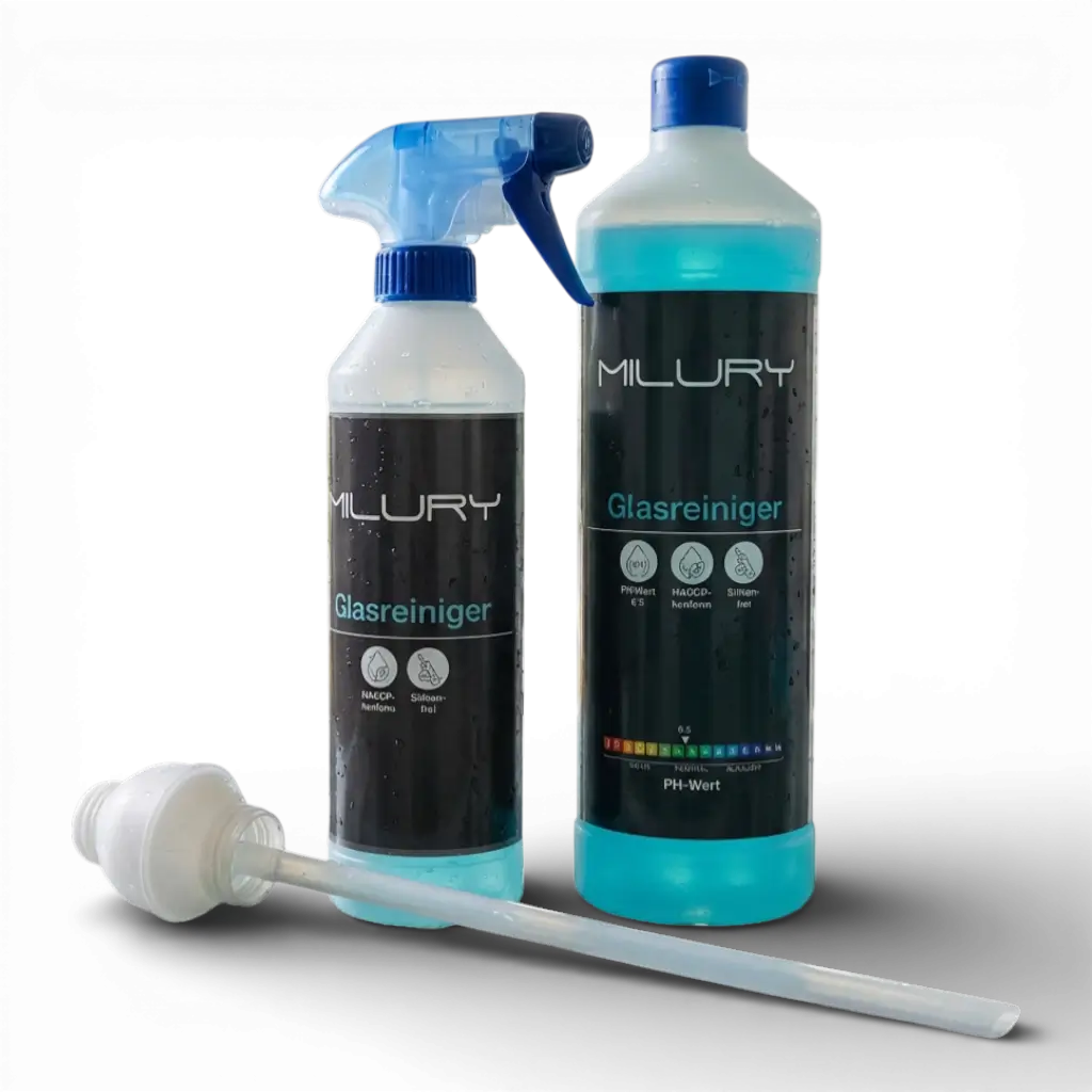 MILURY Glasreiniger Set mit Sprühflasche, Konzentrat und Dosierhilfe