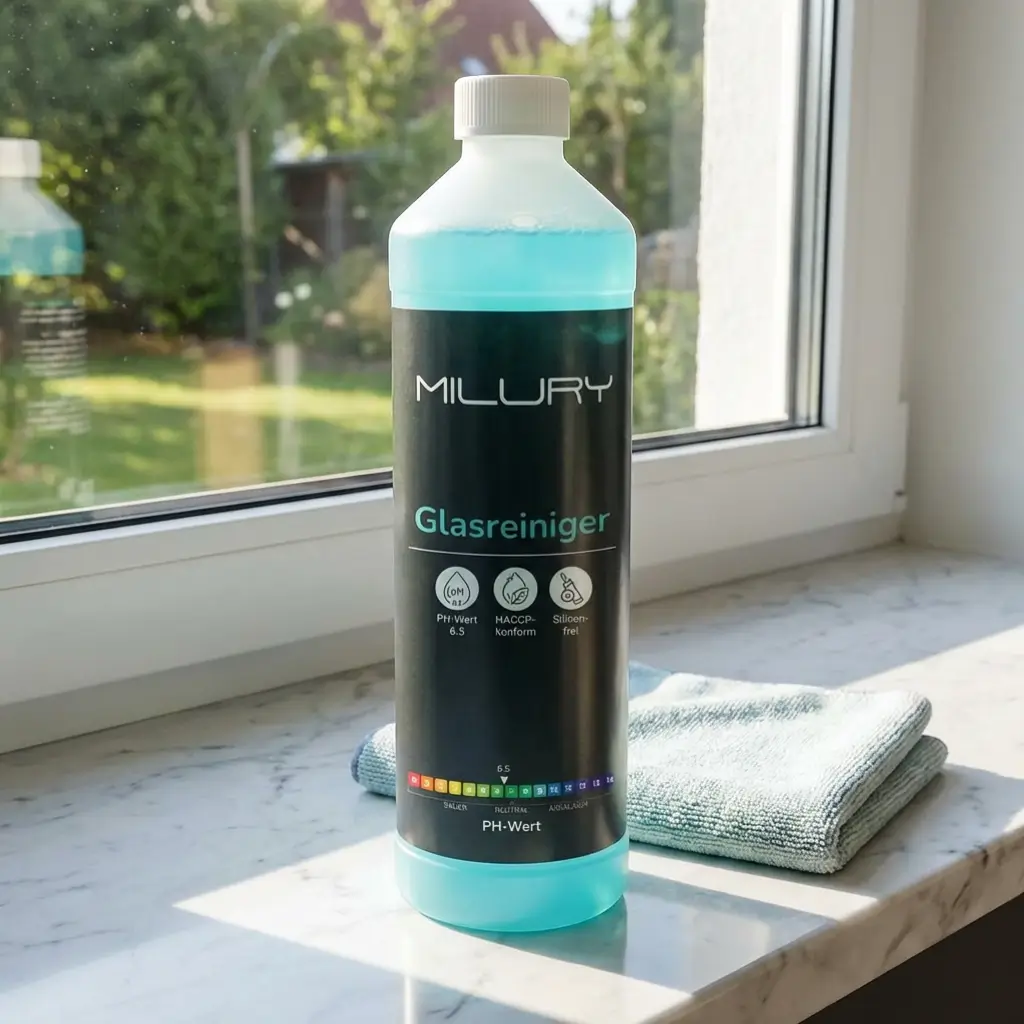 Milury Glasreiniger mit einem Tuch auf einem Fensterbrett vor einem Fenster